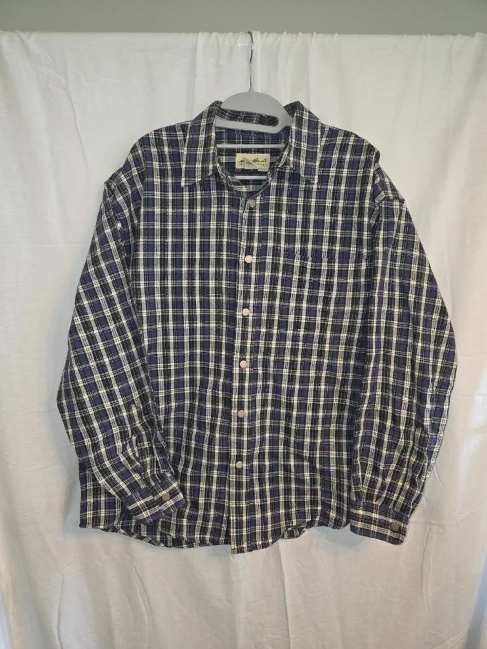 J. Crew Men's Button-Up Shirt Blue White Plaid Long Sleeve Linen Spread Collar L